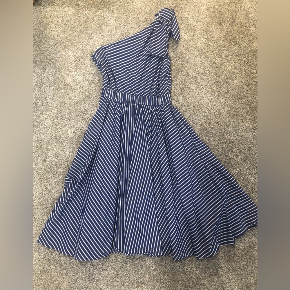Eliza J One Shoulder Blue + White Striped Dress